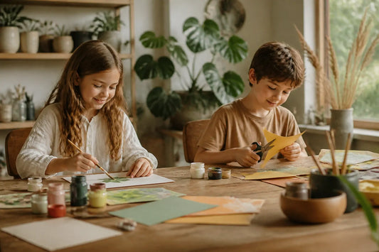 Deux enfants concentrés sur leur atelier créatif à la maison