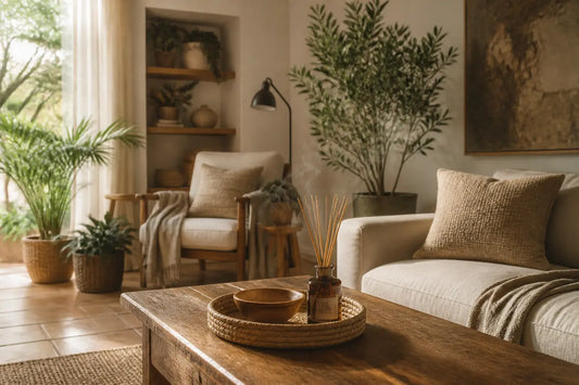 Salon chaleureux aux tons naturels avec diffuseur de parfum, plantes et coin lecture