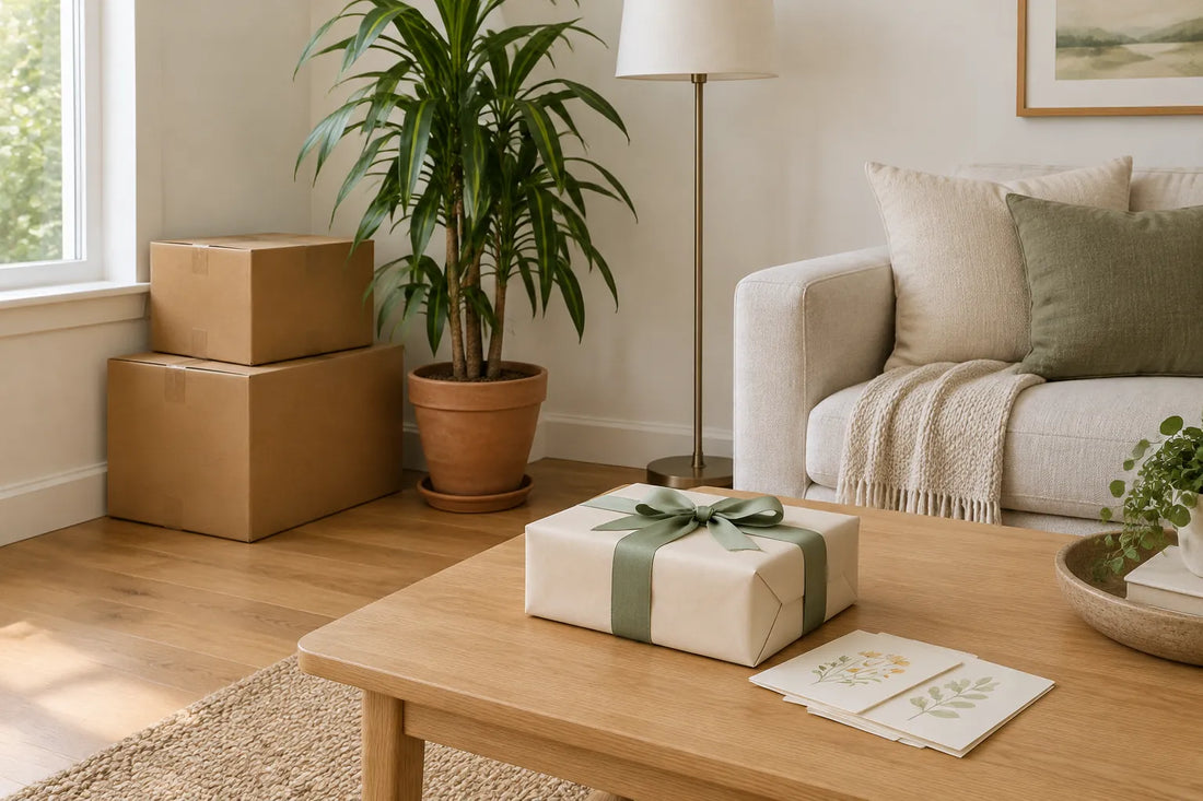 Salon d'un nouveau logement avec cartons de déménagement, grande plante et cadeau emballé sur la table basse