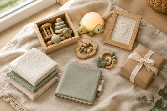 Cadeaux de naissance sur une couverture en lin : jouets d'éveil en bois, veilleuse tortue, cadre d'empreinte de pied, langes et livre en tissu