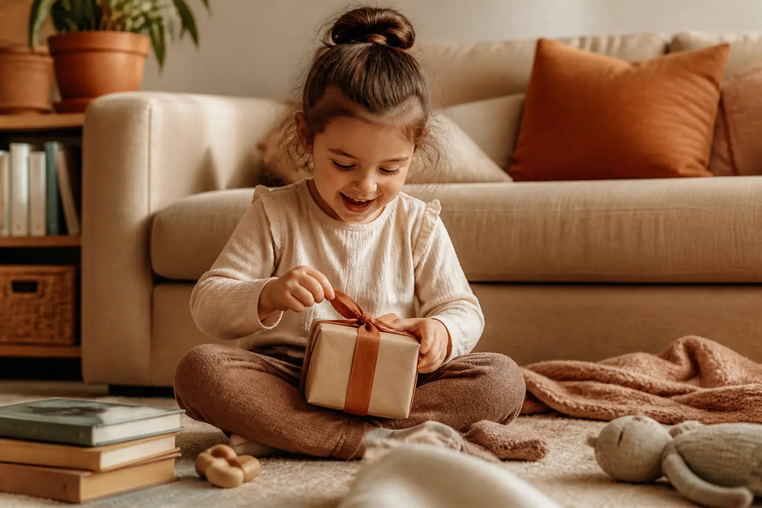 Petite fille de 4 ans qui ouvre un cadeau avec curiosité dans un salon chaleureux