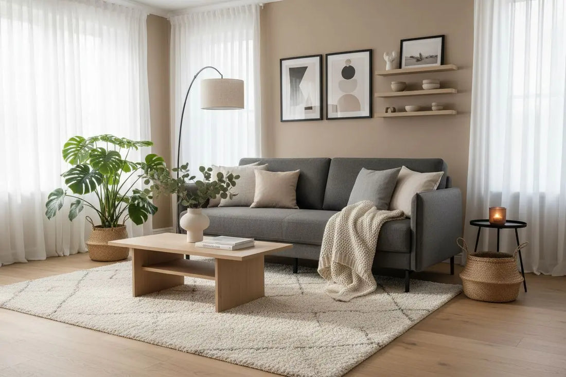 Canapé clic-clac gris dans un salon beige avec plantes, plaid et tapis berbère