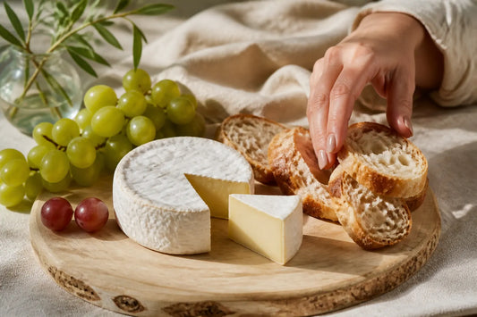 Fromage à pâte molle sans sa croûte, servi avec pain et raisin