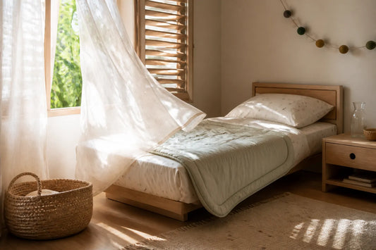 Chambre d'enfant baignée de lumière douce, voilage soulevé par la brise et persiennes entrouvertes, ambiance fraîche