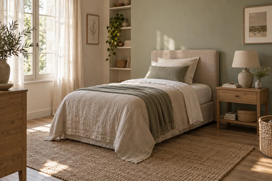 Chambre lumineuse avec lit individuel, linge beige et table de chevet en bois