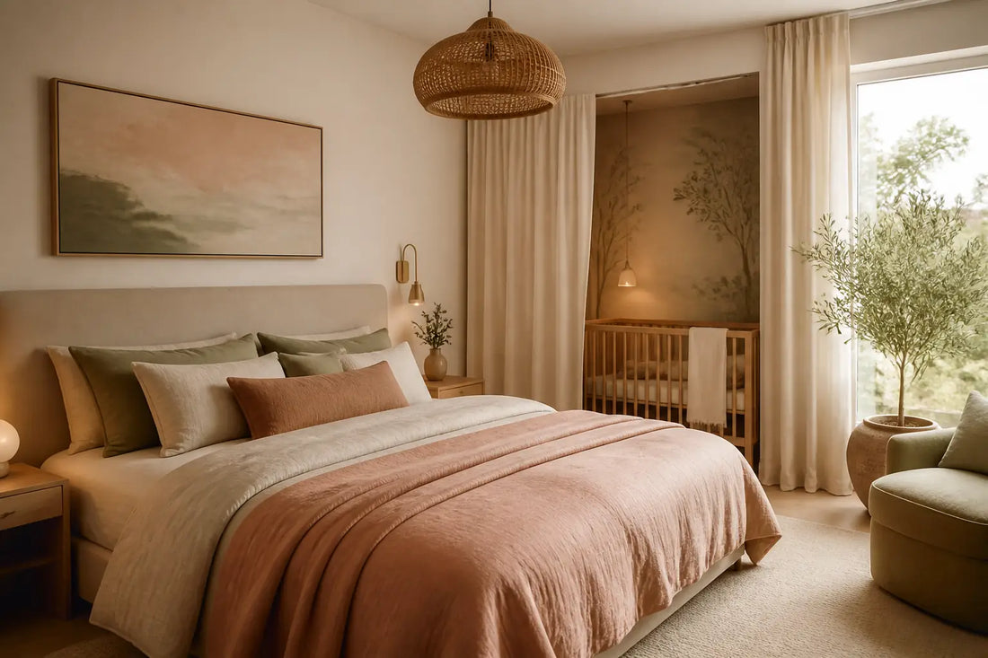 Chambre parentale apaisante avec lit double et coin cododo pour bebe