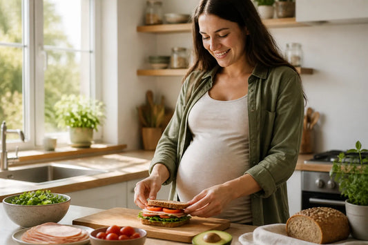 Femme enceinte préparant un sandwich au jambon blanc dans une cuisine lumineuse