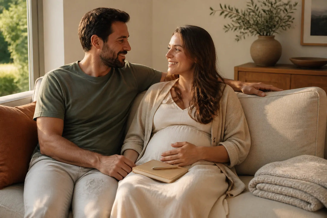 Futurs parents réfléchissant ensemble au prénom de leur garçon