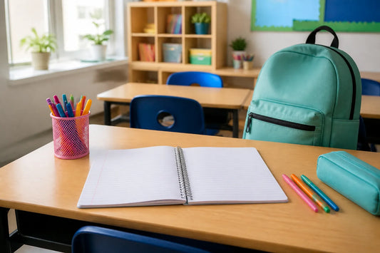 Bureau d'écolier avec cahier ouvert, stylos colorés et cartable, lumière de salle de classe