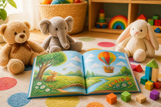 Livre d'images ouvert et peluches sur le tapis d'une chambre d'enfant lumineuse