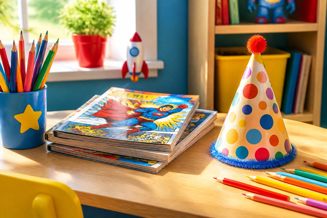 Bureau d'enfant avec crayons colorés, pile de bandes dessinées et chapeau de fête en papier