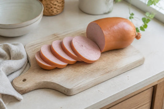 Cervelas enceinte : cervelas cuit tranché sur planche à découper dans une cuisine lumineuse, vue rapprochée naturelle