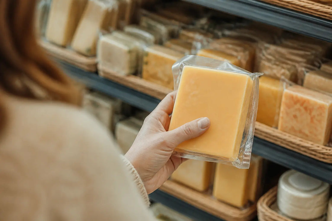 Main dans le rayon fromages, vérifiant un paquet de cheddar enceinte en supermarché, vue rapprochée.