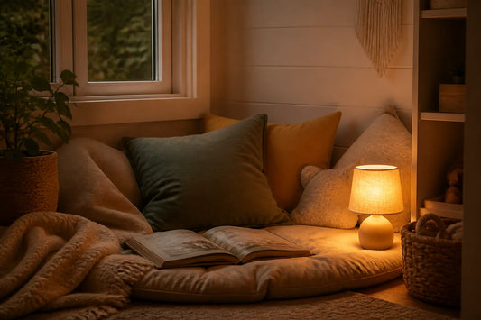 Coin lecture d'enfant avec coussins, livre ouvert et petite lampe, lumière chaude du soir
