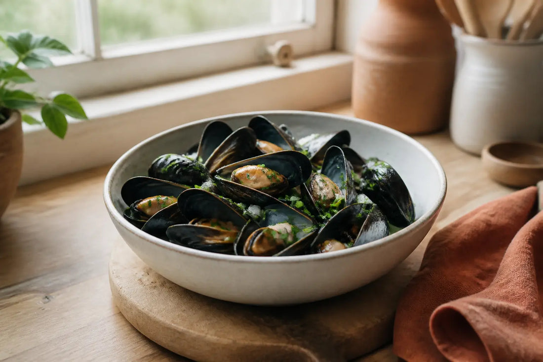 Bol de moules cuites sur un plan de cuisine lumineux, illustrant une enceinte moules dans une ambiance naturelle.