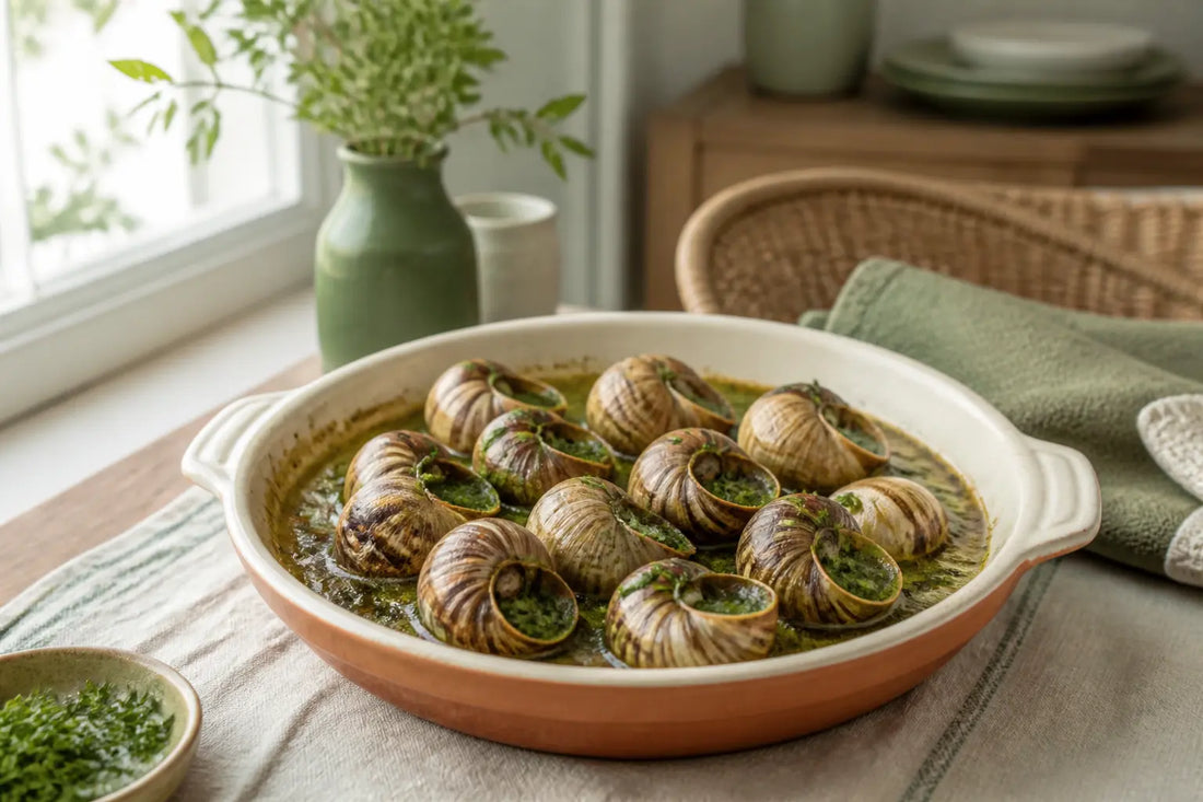 Plat d’escargots au beurre persillé sur table de cuisine, avec escargot enceinte en gros plan près d’une fenêtre lumineuse