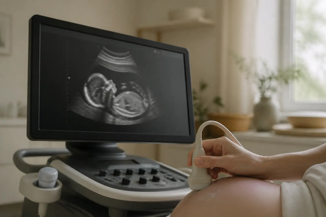 Échographie de grossesse en salle d’obstétrique, fille ou garçon signe qui ne trompe pas grossesse sur moniteur et sonde.