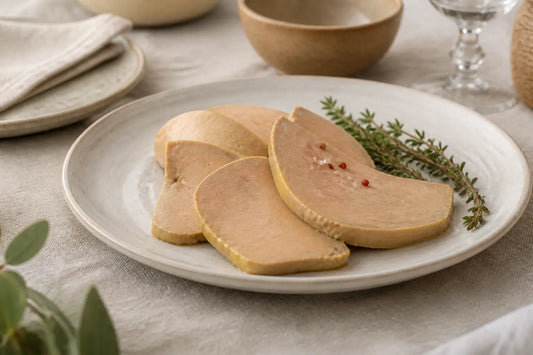 Foie gras enceinte : tranche de foie gras servie sur assiette, table festive dans une cuisine lumineuse et épurée