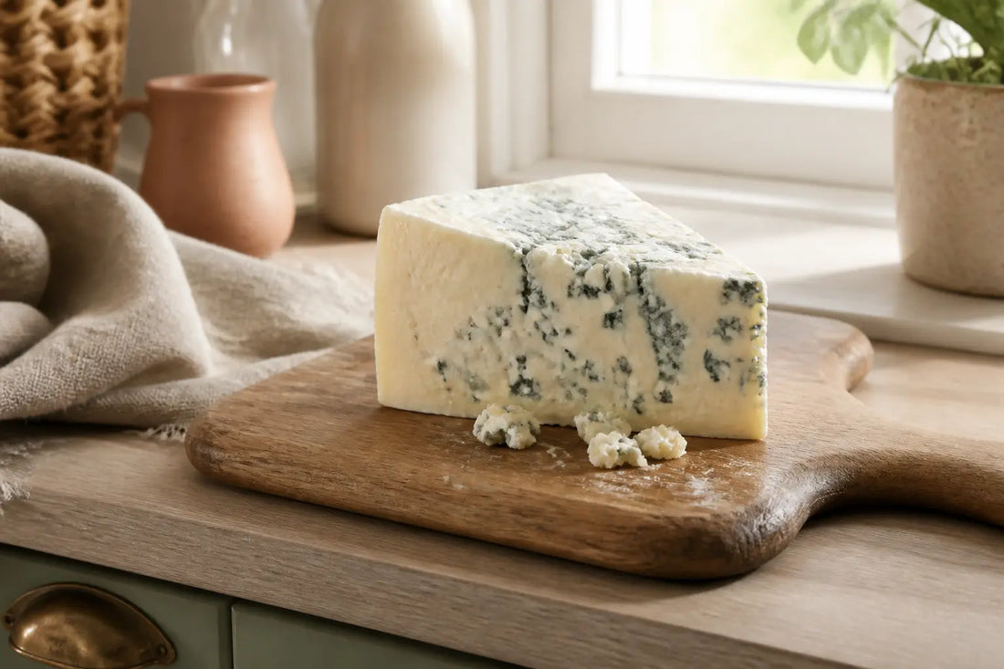 Gorgonzola enceinte sur planche en bois dans une cuisine lumineuse, gros plan naturel et éditorial.