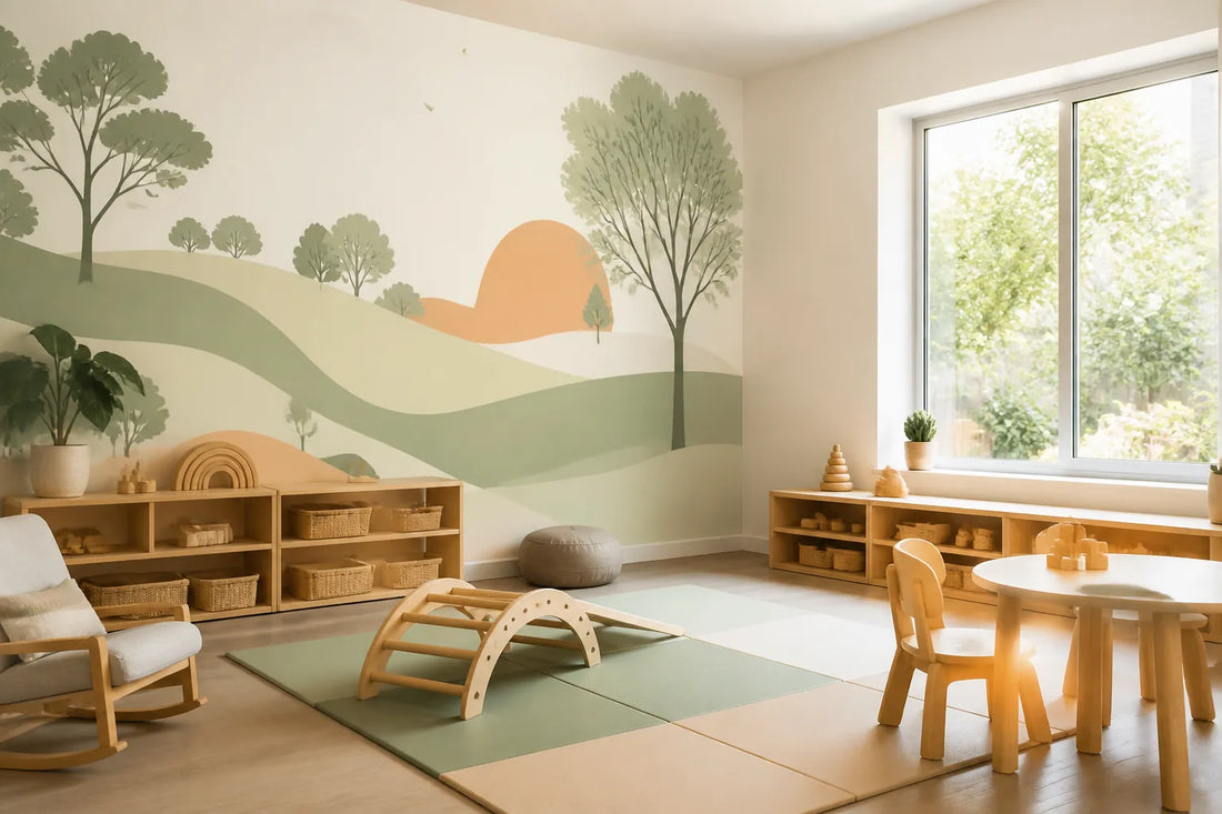 Salle de vie de crèche avec une fresque murale aux tons doux