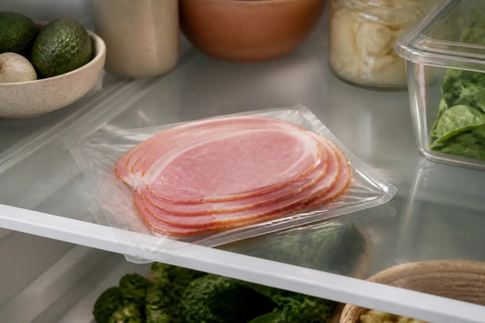 Jambon blanc enceinte dans un réfrigérateur ouvert, paquet de tranches de jambon cuit en gros plan, lumière douce naturelle