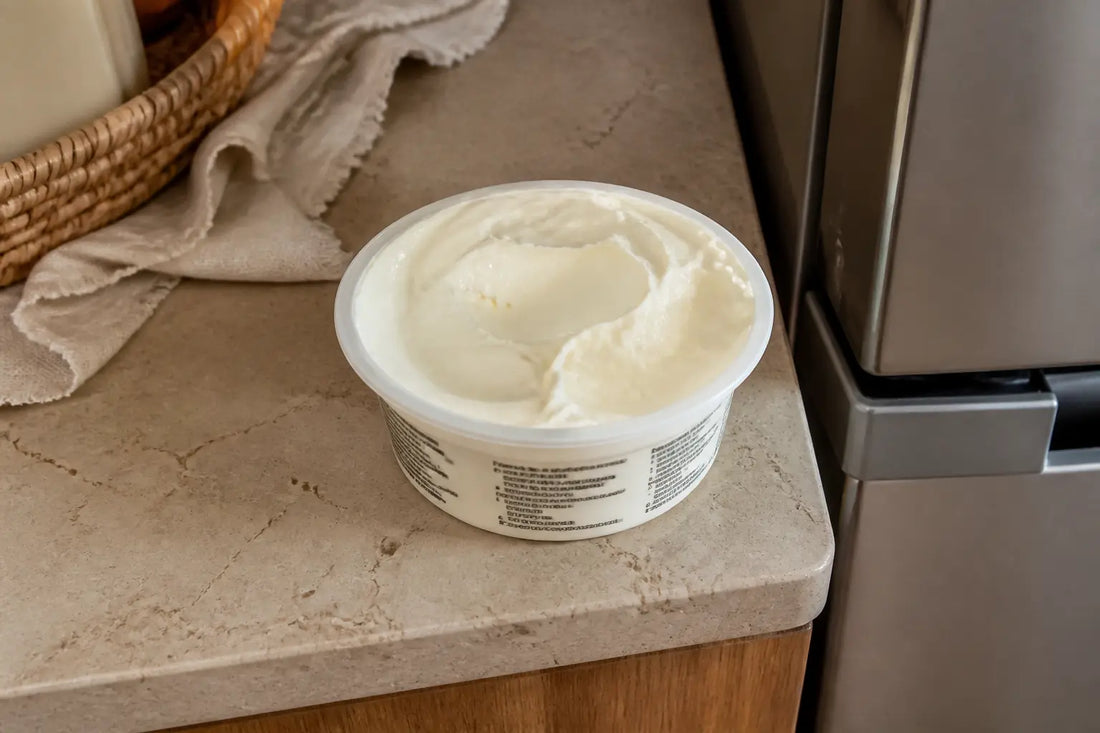 Mascarpone enceinte : pot de mascarpone ouvert sur un plan de cuisine, lumière naturelle douce, ambiance claire et épurée