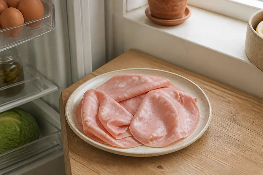 Mortadelle enceinte sur une assiette en céramique, sur un plan de cuisine près d’un réfrigérateur ouvert, lumière douce naturelle.