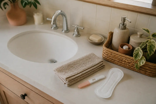 Peut on avoir ses regles et etre enceinte : test de grossesse et serviette hygiénique sur un lavabo de salle de bain