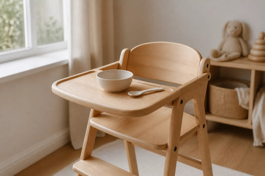 Chaise haute en bois avec un petit bol et une cuillère près d'une fenêtre ensoleillée