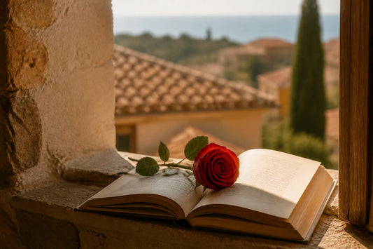 Livre ouvert et rose rouge posés sur un rebord de fenêtre en pierre, lumière méditerranéenne