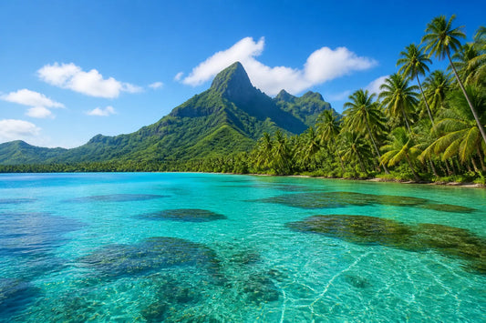 Lagon turquoise bordé de collines volcaniques et de cocotiers dans l'océan Indien