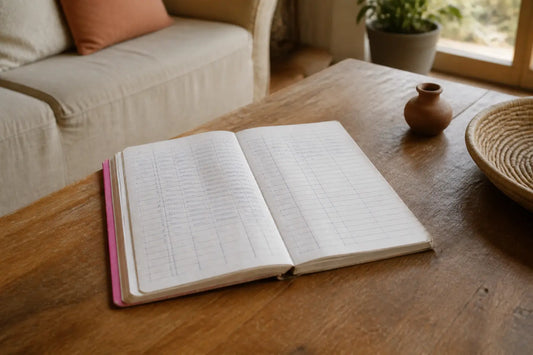 Registre familial manuscrit ouvert sur une table, illustrant le choix d’un prénom congolais dans un salon lumineux.