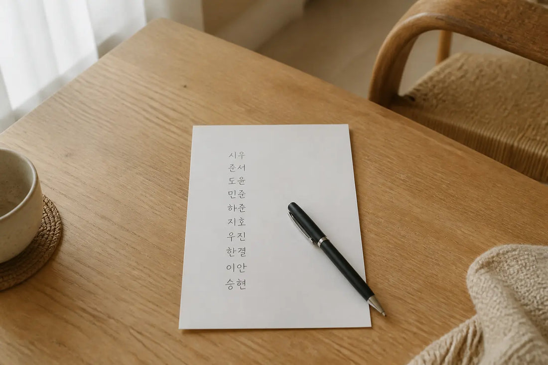 Liste manuscrite de prénom coréen garçon sur une table, vue de dessus, près d’une fenêtre lumineuse