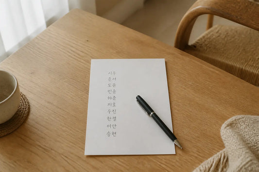 Liste manuscrite de prénom coréen garçon sur une table, vue de dessus, près d’une fenêtre lumineuse