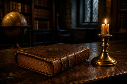 Vieux livre relié de cuir et chandelier en laiton sur une table de bois sombre