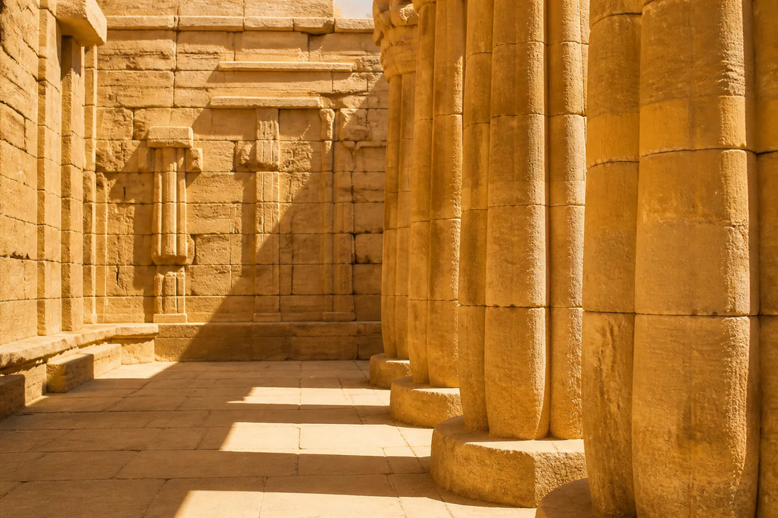 Lumière du soleil sur des colonnes de grès anciennes dans la cour d'un temple