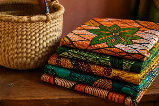 Tissu wax ouest-africain coloré plié près d'un panier en raphia tressé sur une table en bois