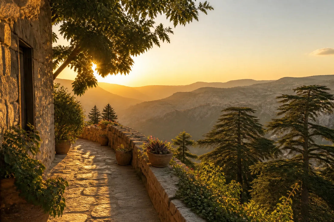 Terrasse en pierre dominant des cèdres et des montagnes à la lumière dorée du soir