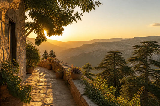 Terrasse en pierre dominant des cèdres et des montagnes à la lumière dorée du soir