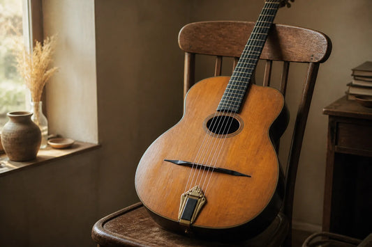 Guitare manouche posée sur une chaise en bois près d'une fenêtre, lumière chaude de fin de journée