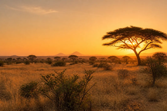 Vaste paysage sahélien avec acacias et herbes sèches à la lumière dorée
