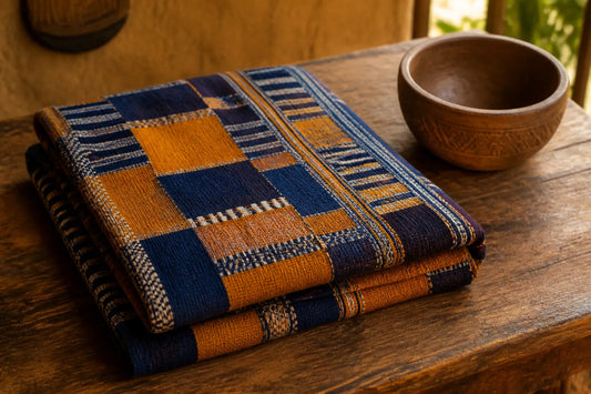 Tissu ouest-africain tissé à la main aux tons indigo et ocre, plié sur une table en bois