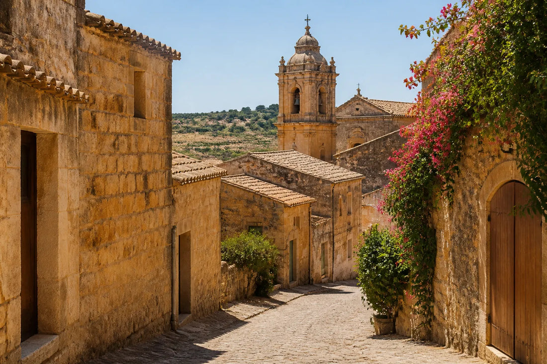 Ruelle ensoleillée d'un village sicilien aux murs ocre et toits de terre cuite