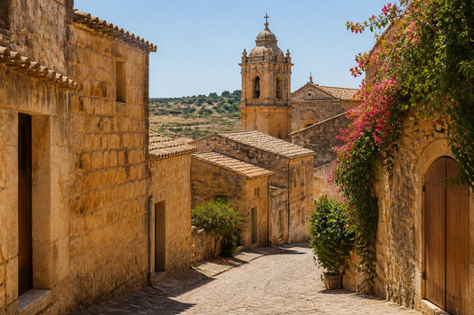 Ruelle ensoleillée d'un village sicilien aux murs ocre et toits de terre cuite