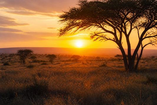 Savane d'Afrique de l'Est au lever du soleil avec des acacias et une lumière dorée