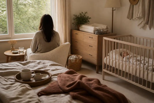 prime allaitement caf : chambre calme avec fauteuil, berceau, bébé et parent pour une tétée matinale douce
