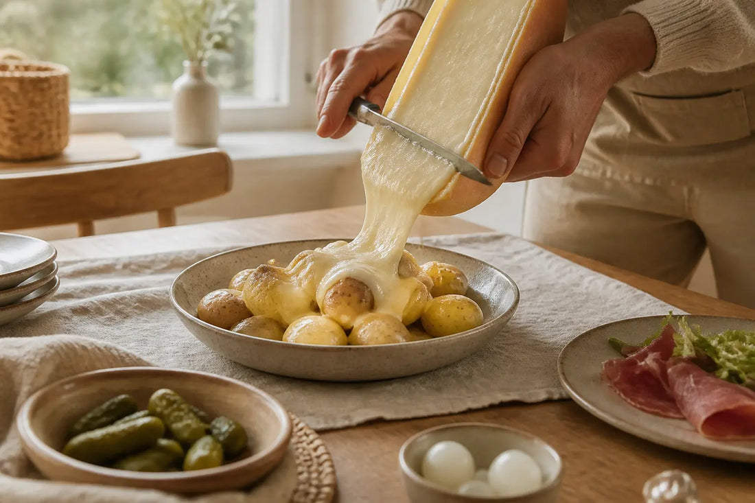 Raclette femme enceinte : fromage fondu sur pommes de terre, table de cuisine lumineuse et ambiance douce.