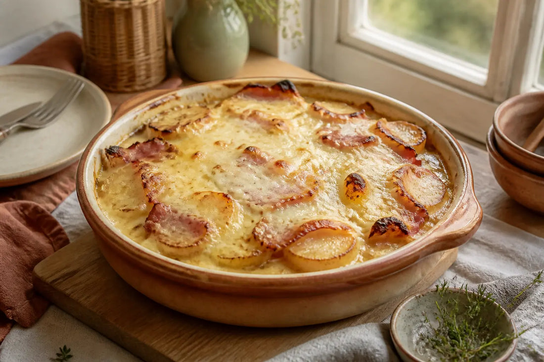 Tartiflette enceinte dans un plat en céramique, gratin doré et fondant sur une table de cuisine lumineuse