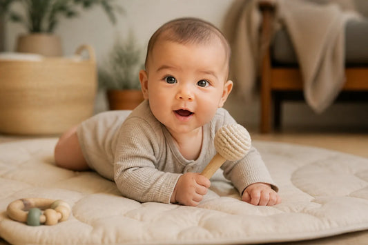 Bébé de 4 mois sur le ventre relève la tête et attrape un hochet