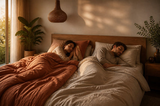 Couple dormant paisiblement dans un grand lit queen a la lumiere du matin